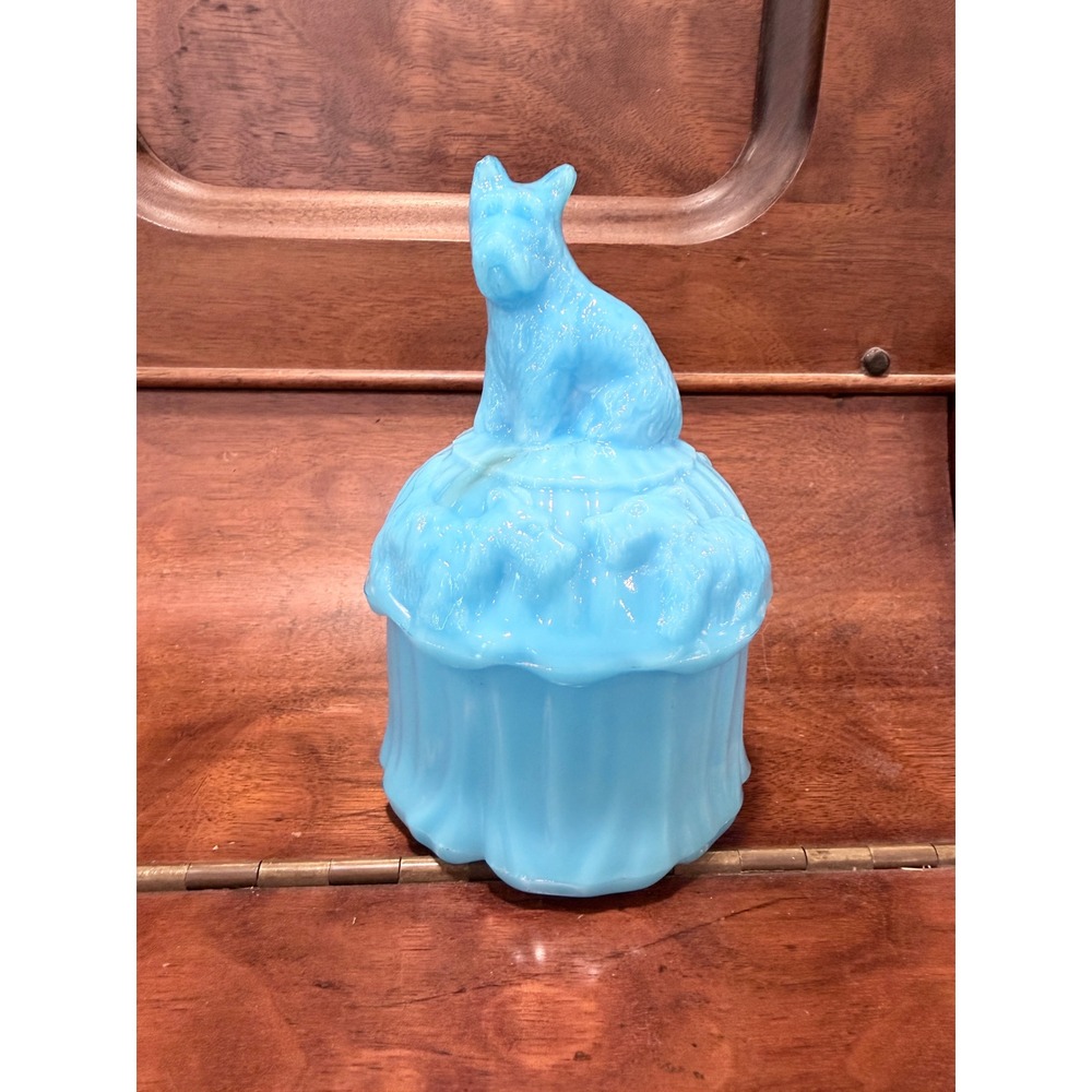 Vintage Akro Agate Scottie Dog Powder Jar Blue Slag Glass Scottish Terrier Lid